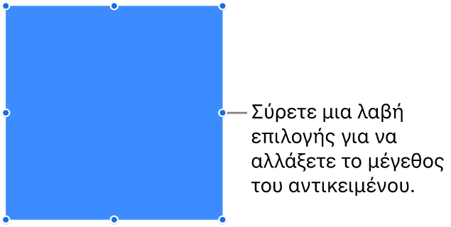 Ένα αντικείμενο με μπλε κουκκίδες στο περίγραμμά του για την αλλαγή του μεγέθους του αντικειμένου.