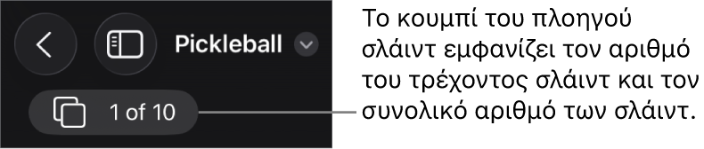 Το κουμπί του πλοηγού σλάιντ που εμφανίζει τον τρέχοντα αριθμό σλάιντ και τον συνολικό αριθμό των σλάιντ στην παρουσίαση.