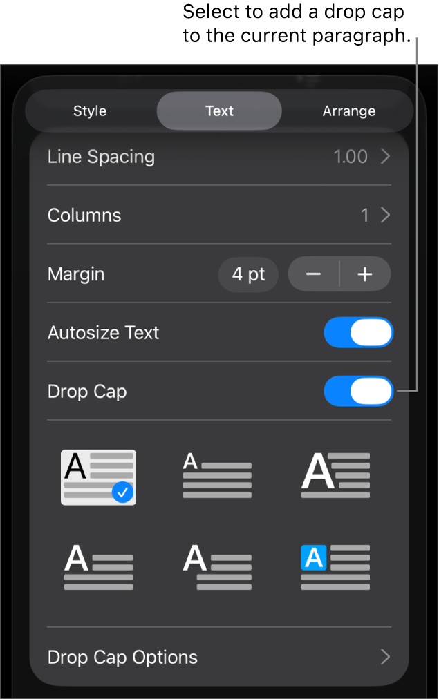 The Drop Cap controls located in the Text menu.
