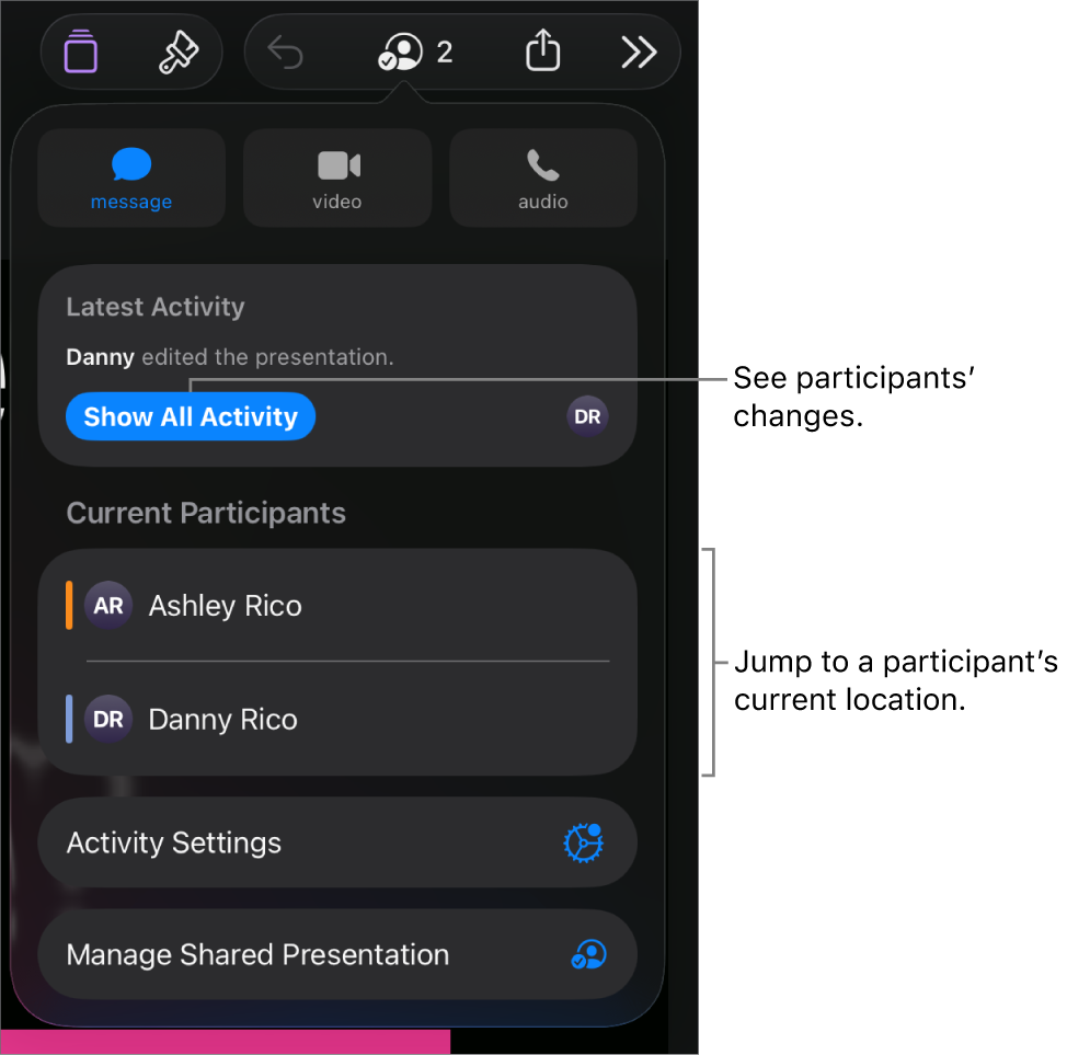 The collaboration menu with current participants listed.