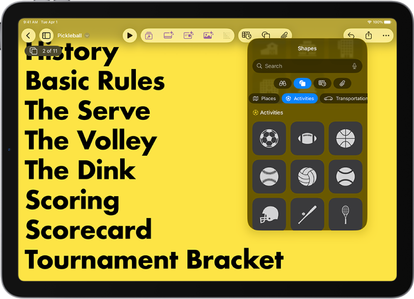 The Insert menu with buttons across the top to add tables, charts, shapes and media.