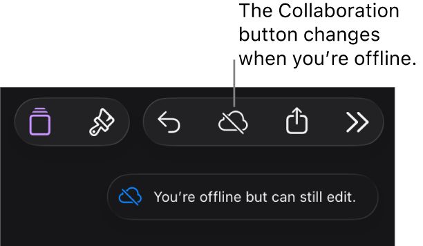 The buttons at the top of the screen, with the Collaboration button changed to a cloud with a diagonal line through it. An alert on the screen says “You’re offline but can still edit”.