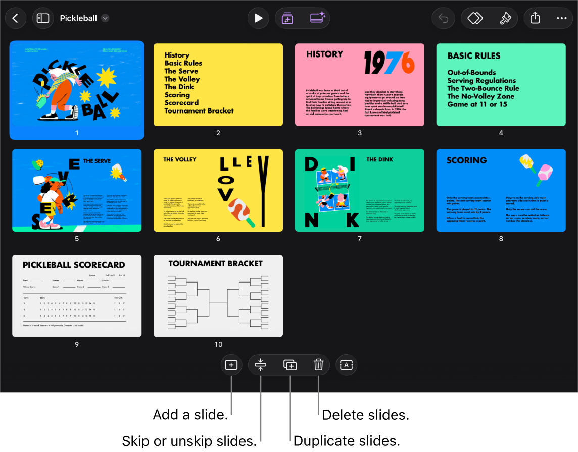 Light table view with buttons at the bottom of the screen for adding, skipping, duplicating and deleting slides, and for selecting multiple slides.