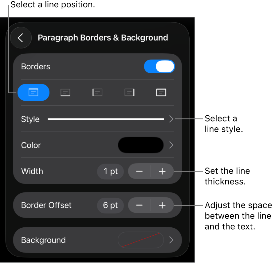 Controls to change the line style, thickness, position and colour.