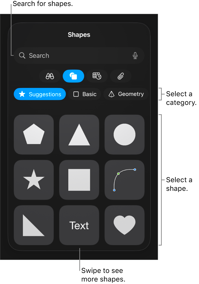 The shapes library, with categories at the top and shapes displayed below. You can use the search field at the top to find shapes and swipe to see more.
