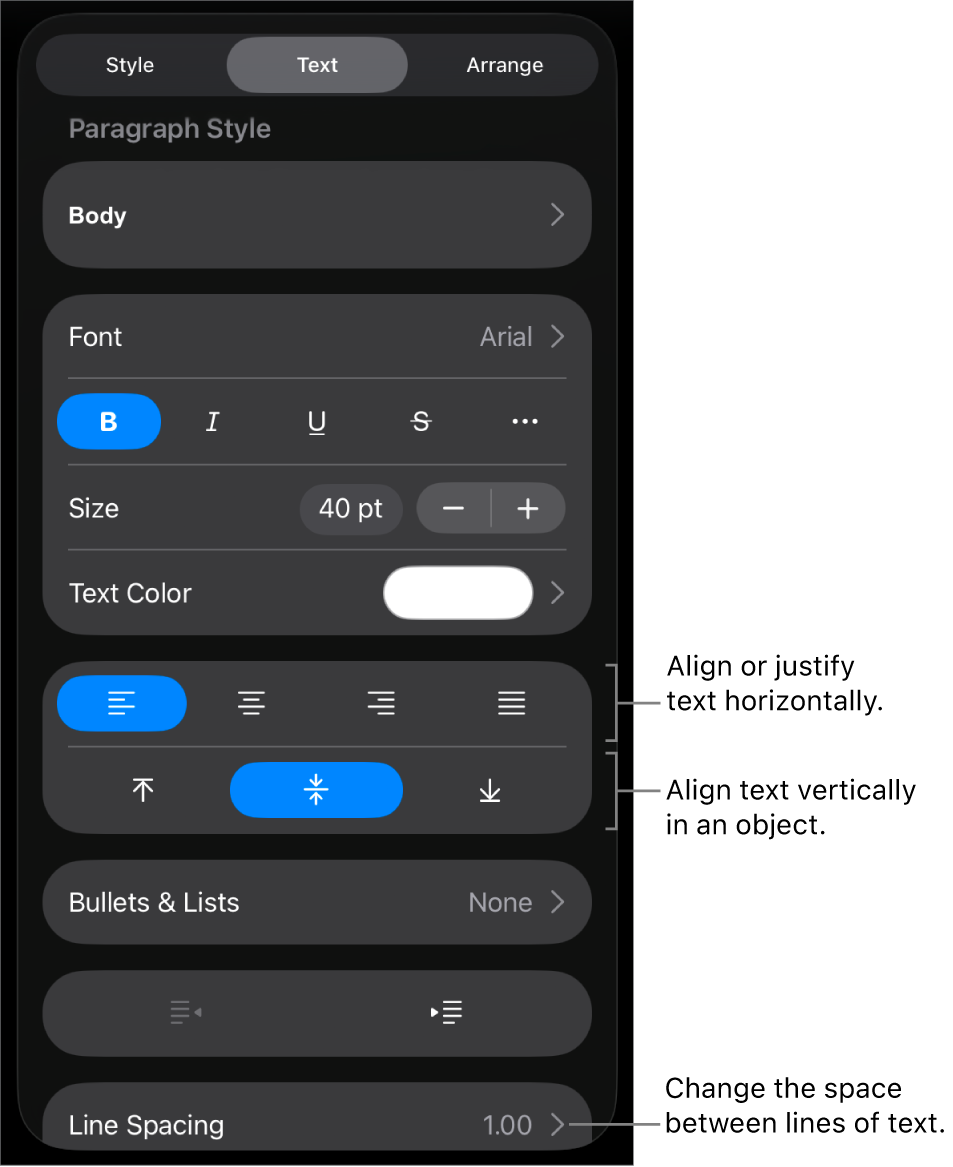 The Layout pane with a call out to the text alignment and spacing buttons.