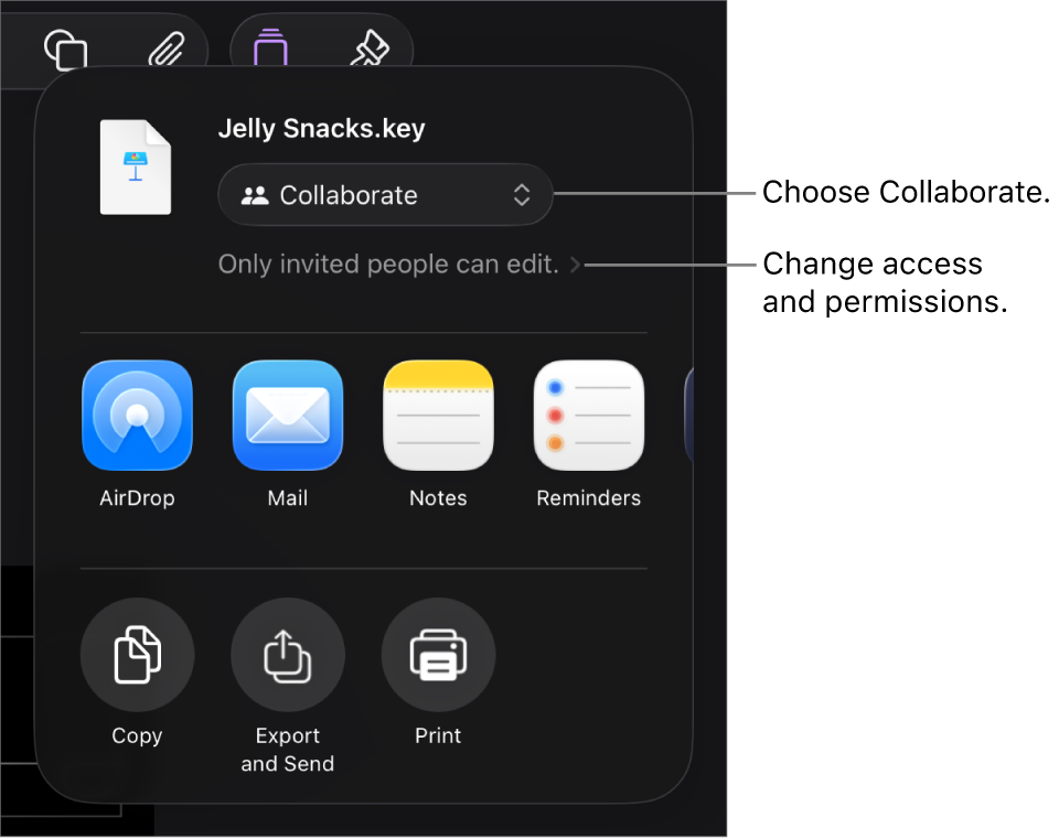 The Share menu with Collaborate selected at the top, and access and permission settings underneath.