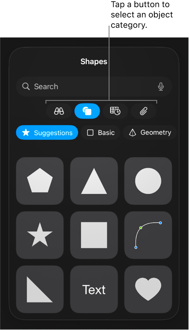 The controls for adding an object, with buttons at the top to select tables, graphs, shapes (including lines and text boxes), and media.