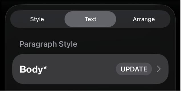 A paragraph style with an asterisk next to it and an Update button on the right.