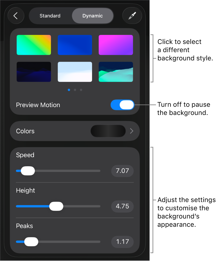 The dynamic background controls with the background style thumbnails, Preview Motion button and customisation controls displayed.