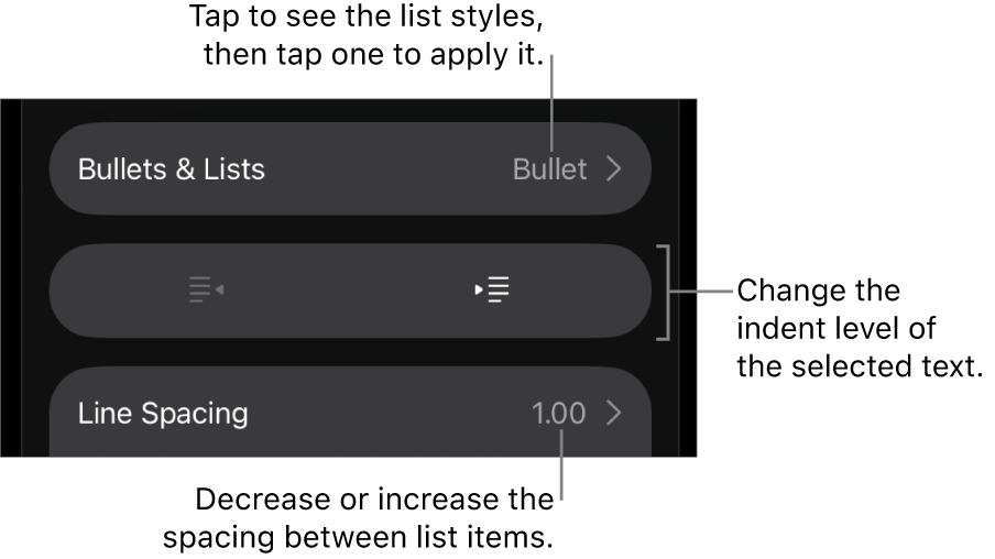 The Bullets & Lists section of the Format controls with callouts to Bullets & Lists, outdent and indent buttons, and line spacing controls.