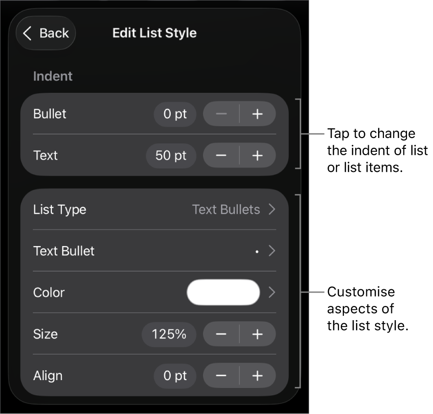Edit List Style menu with controls for editing the list’s type and appearance.
