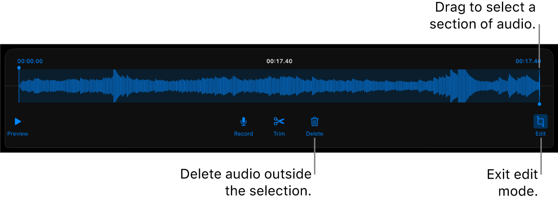 Controls for editing recorded audio. Handles indicate the selected section of the recording, and Preview, Record, Trim, Delete and Edit Mode buttons are below.