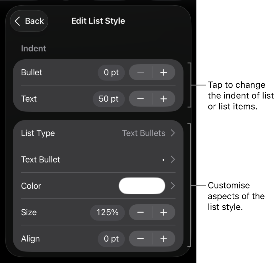 Edit List Style menu with controls for editing the list’s type and appearance.