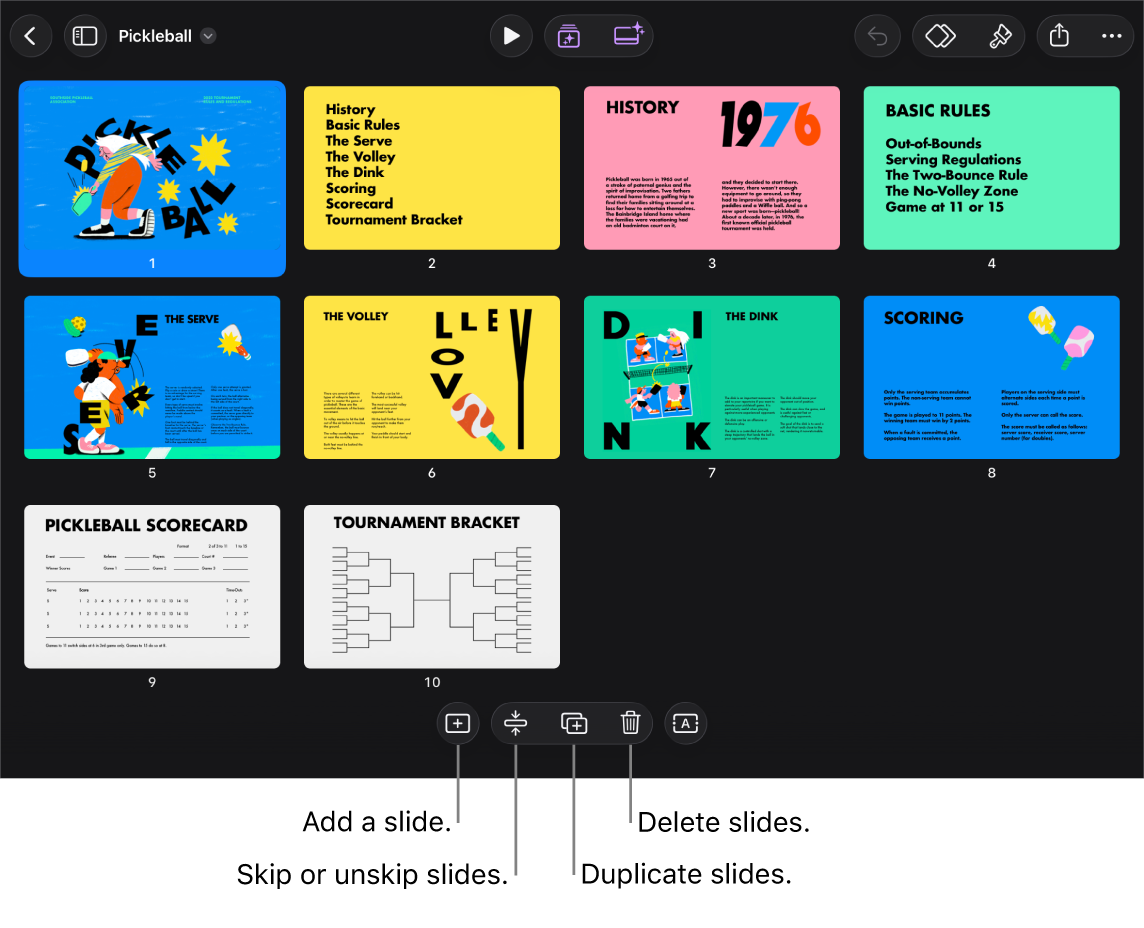 Light table view with buttons at the bottom of the screen for adding, skipping, duplicating and deleting slides, and for selecting multiple slides.
