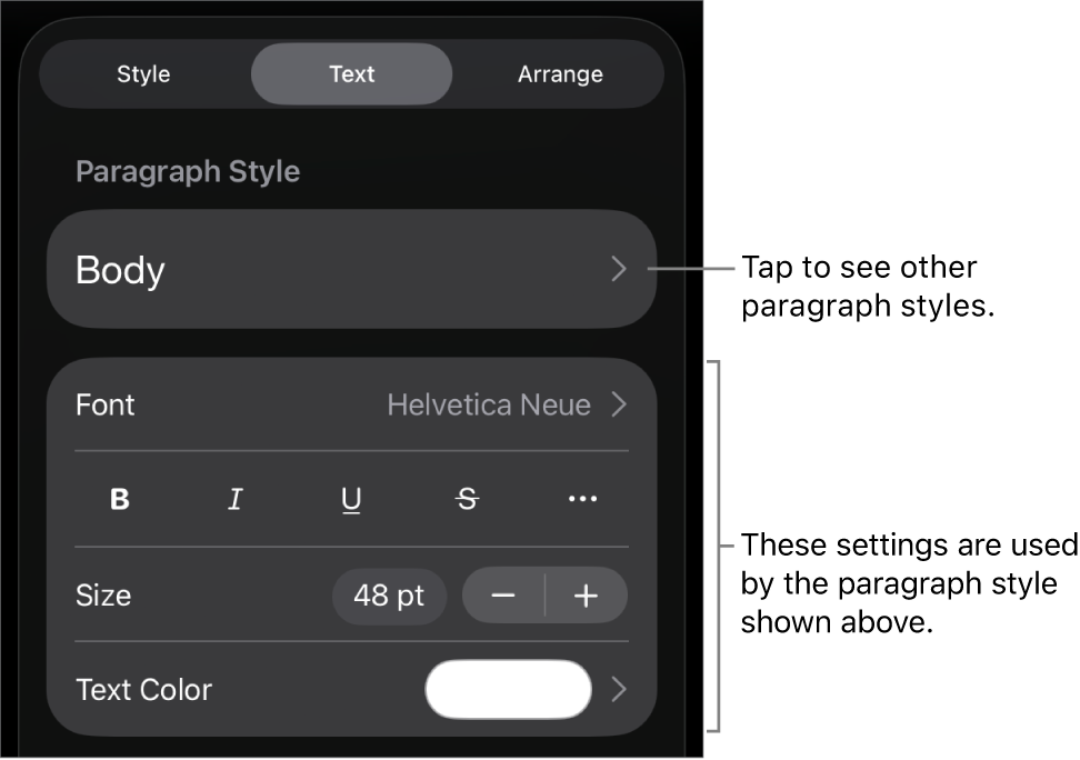 The Format menu showing text controls for setting paragraph and character styles, font, size and colour.