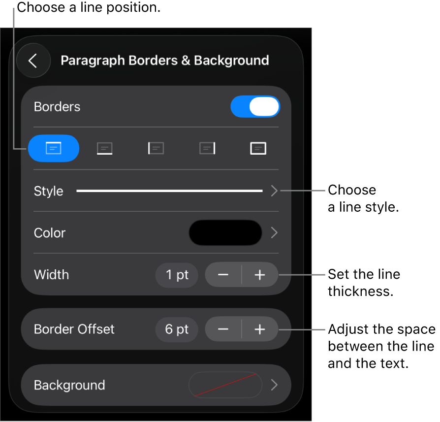 Controls to change the line style, thickness, position and colour.