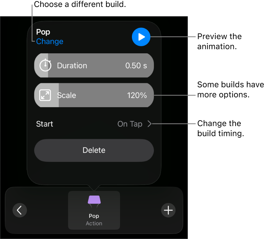 Build options include Duration and Start timing. Tap Change to choose a different build, or tap Preview to preview the build.