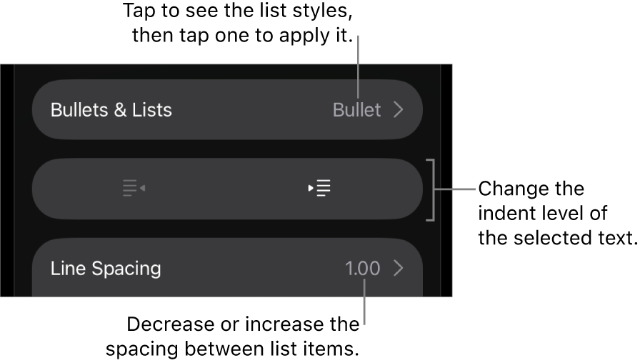 The Bullets & Lists section of the Format controls with callouts to Bullets & Lists, outdent and indent buttons, and line spacing controls.