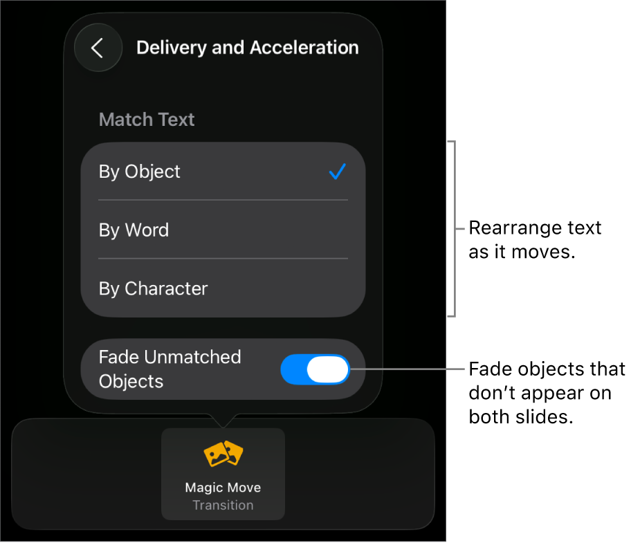 Magic Move delivery and acceleration options in the Acceleration pane.