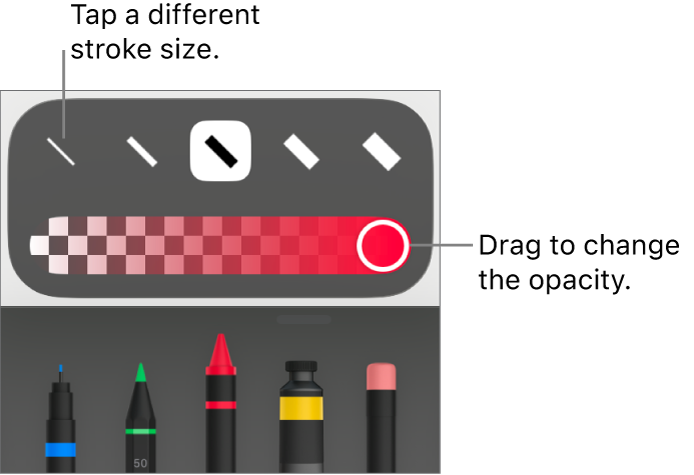 Controls for choosing a stroke size and a slider for adjusting the opacity.