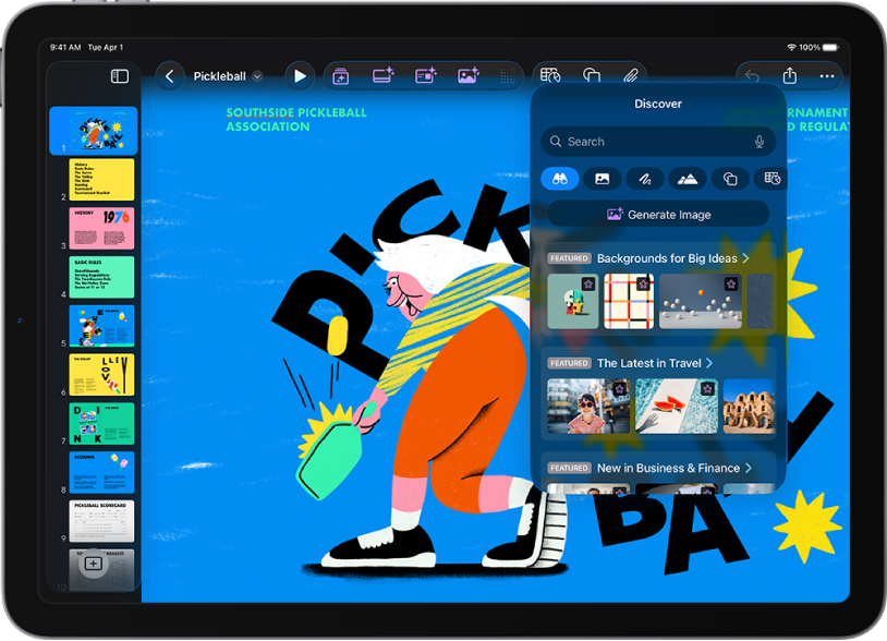 The Discover category of the Content Hub showing options to generate an image or add premium images to a slide.
