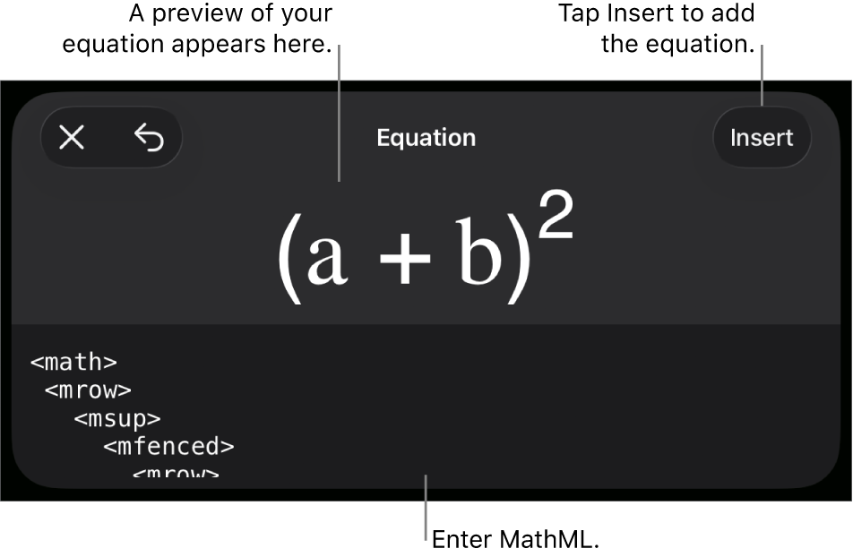The Equation dialogue, showing an equation written using MathML commands, and a preview of the formula above.