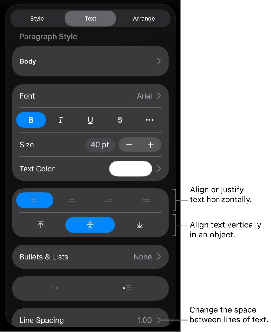 The Layout pane with callouts to the text alignment and spacing buttons.