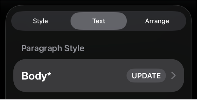 A paragraph style with an asterisk next to it and an Update button on the right.