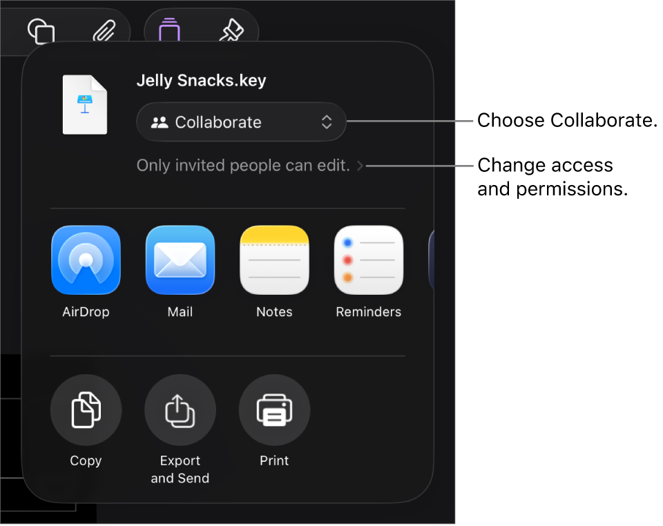 The Share menu with Collaborate selected at the top, and access and permission settings underneath.