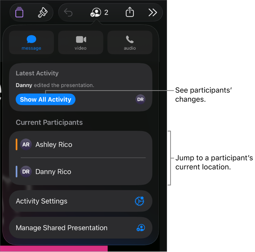 The collaboration menu with current participants listed.