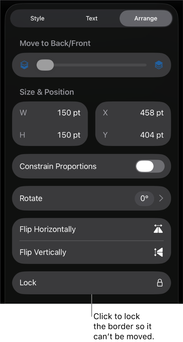 The Arrange controls in the Format menu with the Lock button called out.