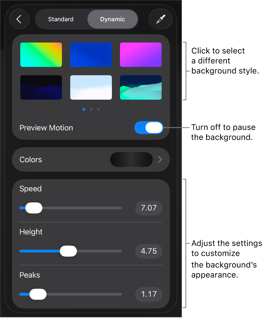 The dynamic background controls with the background style thumbnails, Preview Motion button, and customization controls displayed.