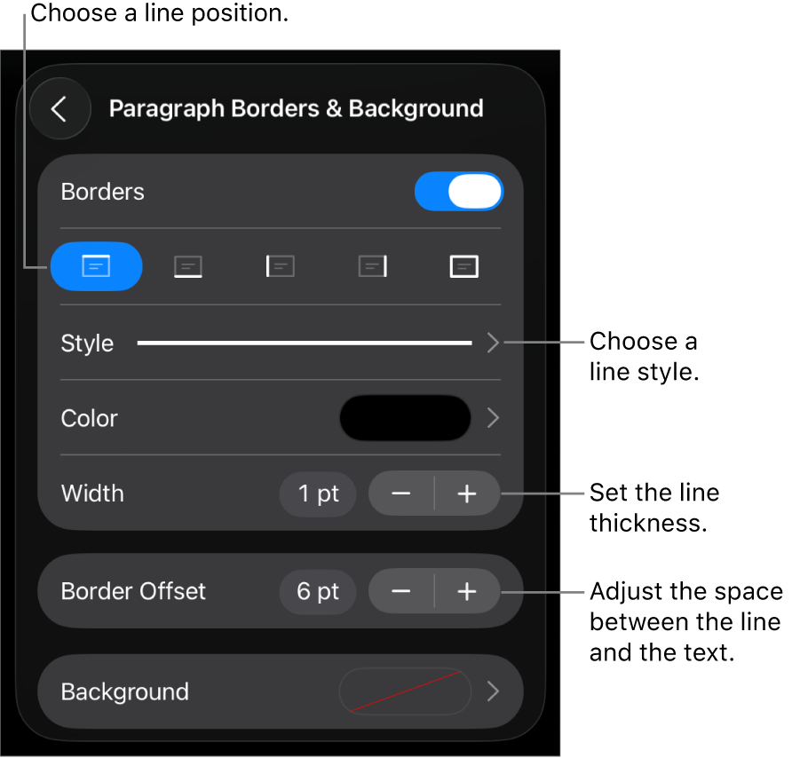 Controls to change the line style, thickness, position, and color.