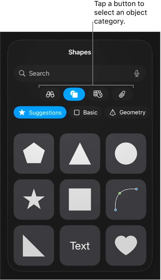 The controls for adding an object, with buttons at the top to choose tables, charts, shapes (including lines and text boxes), and media.