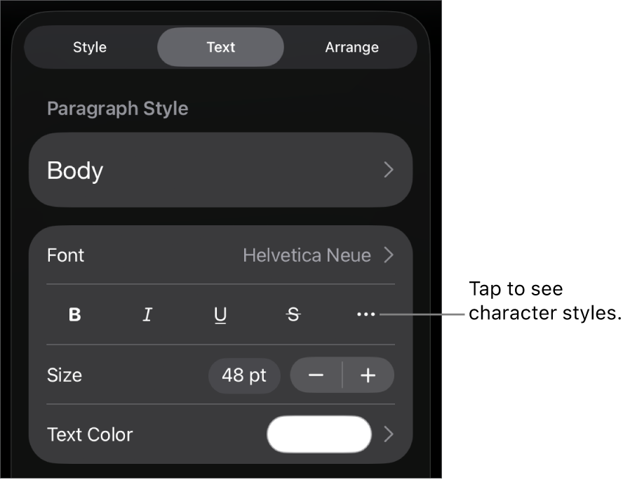 The Format controls with paragraph styles at the top, then Font controls. Below Font are the Bold, Italic, Underline, Strikethrough, and More Text Options buttons.