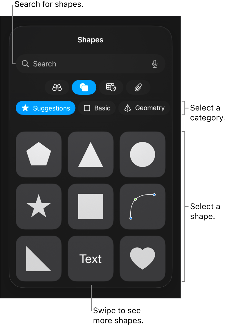 The shapes library, with categories at the top and shapes displayed below. You can use the search field at the top to find shapes and swipe to see more.