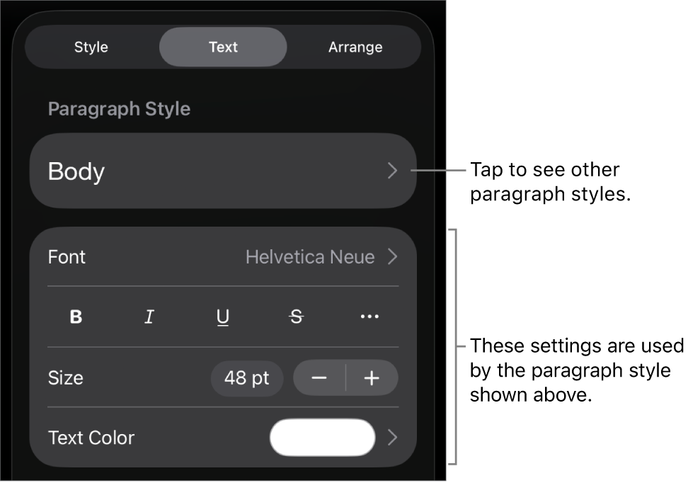The Format menu showing text controls for setting paragraph and character styles, font, size, and color.