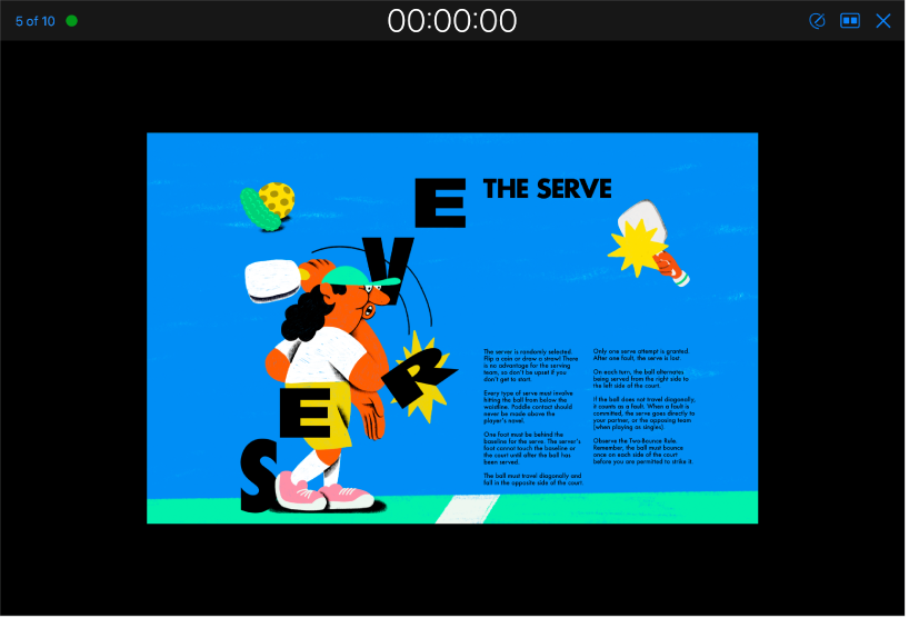 The Keynote app with the presenter view showing. The current slide appears in the center of the screen. A toolbar appears at the top of the screen with the slide counter on the left, the presentation timer in the middle, and Draw, Layout, and Exit buttons on the right.
