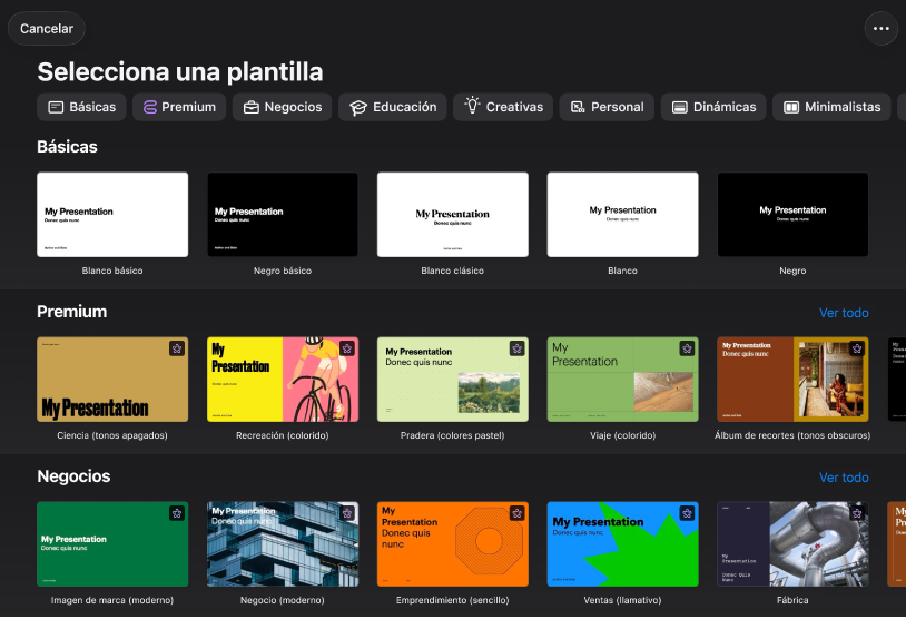El selector de plantilla muestra una fila de categorías a lo largo de la parte superior en las que puedes tocar para filtrar las opciones. En la parte inferior, organizadas en filas por categoría, aparecen miniaturas de las plantillas prediseñadas, comenzando con la categoría Básica en la parte superior, seguida por las categorías Dinámica, Mínima y Negrita. En la parte superior derecha de cada fila de categoría aparece un botón Ver todo. El botón Cancelar se encuentra en la esquina superior derecha.
