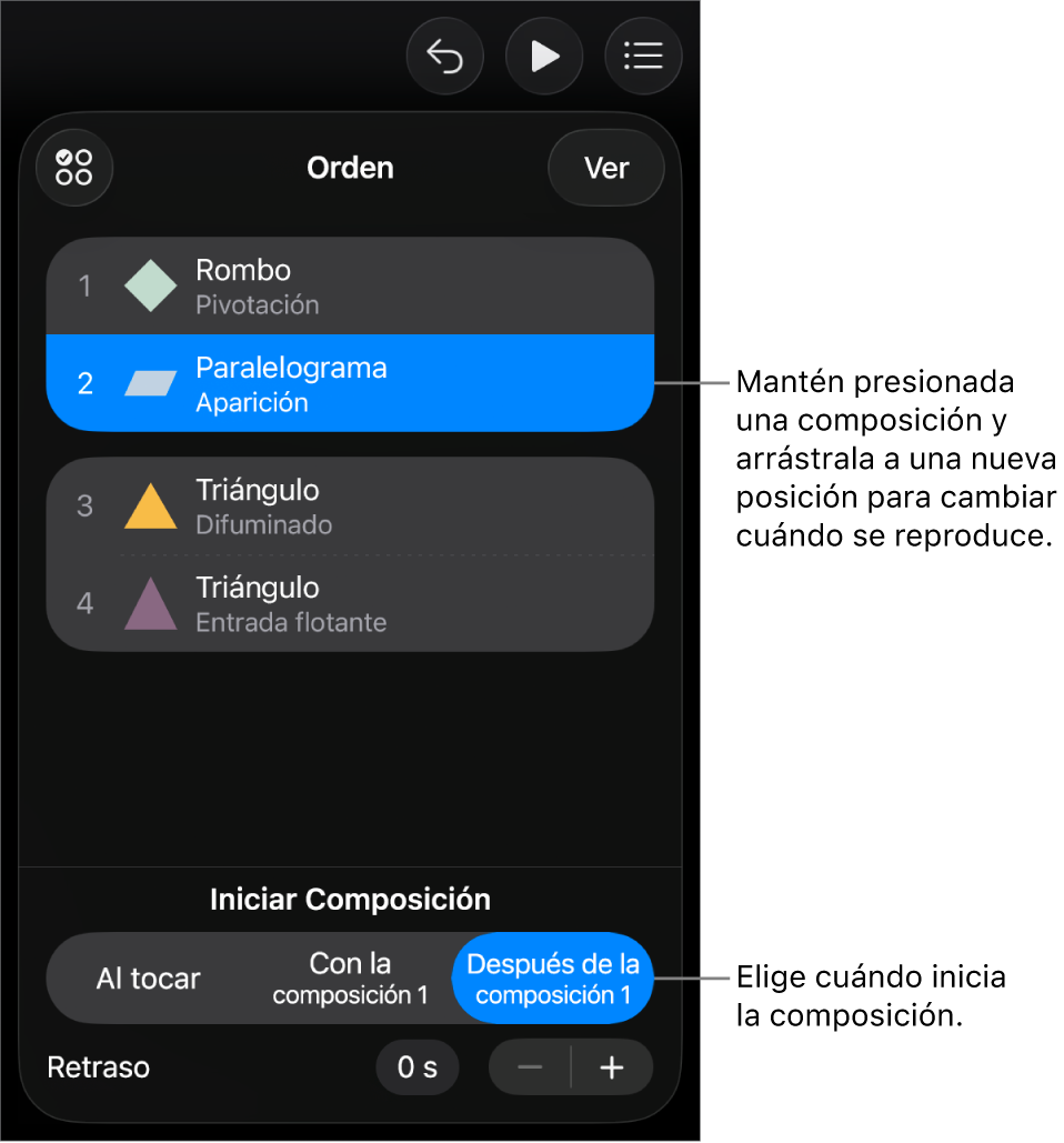 La lista Orden de composición mostrando los efectos de entrada con indicaciones amarillas y los de salida con indicaciones grises.