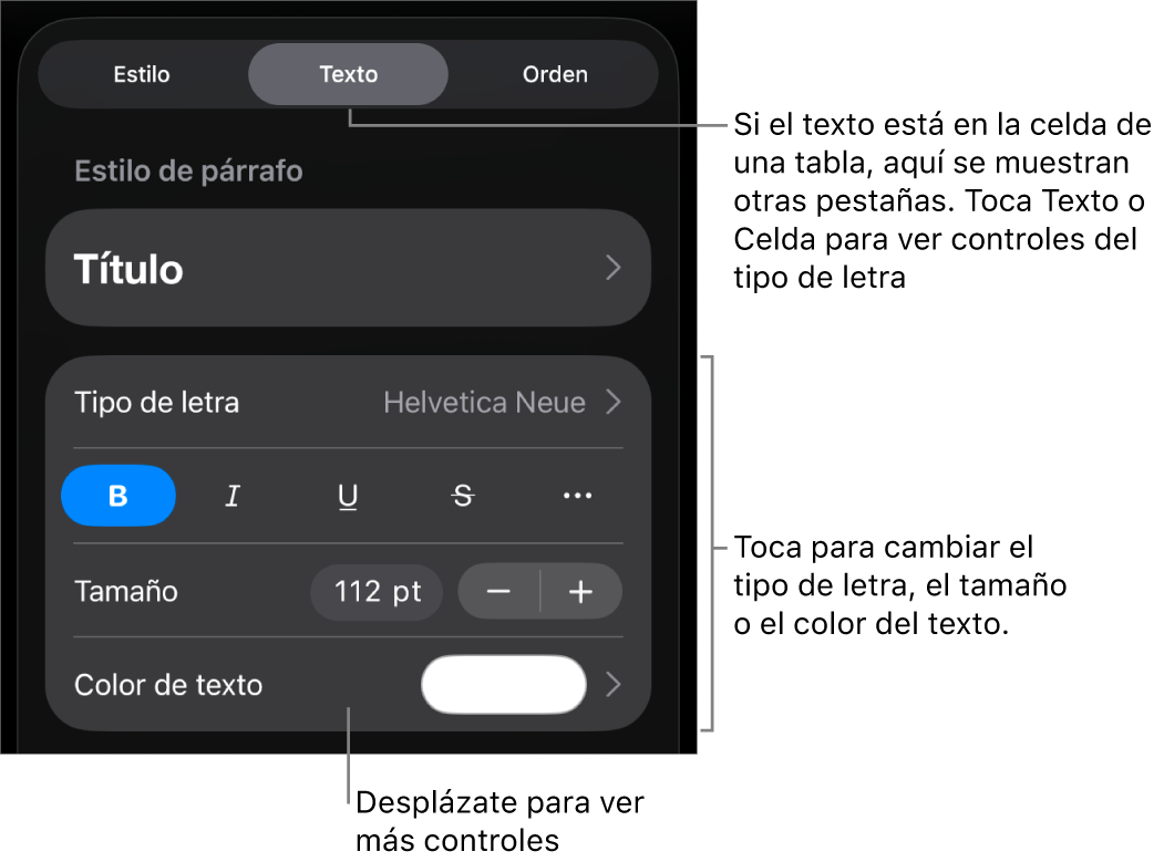 Controles de texto en el menú Formato para configurar los estilos de párrafo y carácter, tipo de letra, tamaño y color.