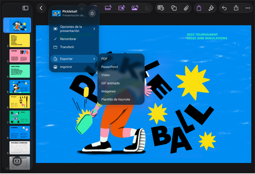 La app Keynote con las opciones Exportar abiertas en el menú Acciones en la barra lateral.