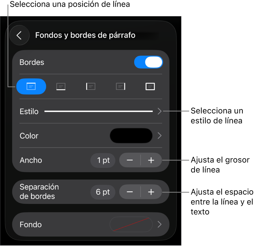 Controles para cambiar el estilo de línea, grosor, posición y color.