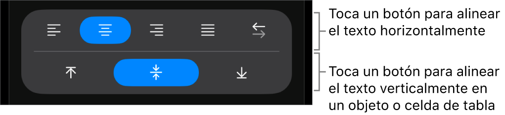 Botones de alineación horizontal y vertical para el texto.