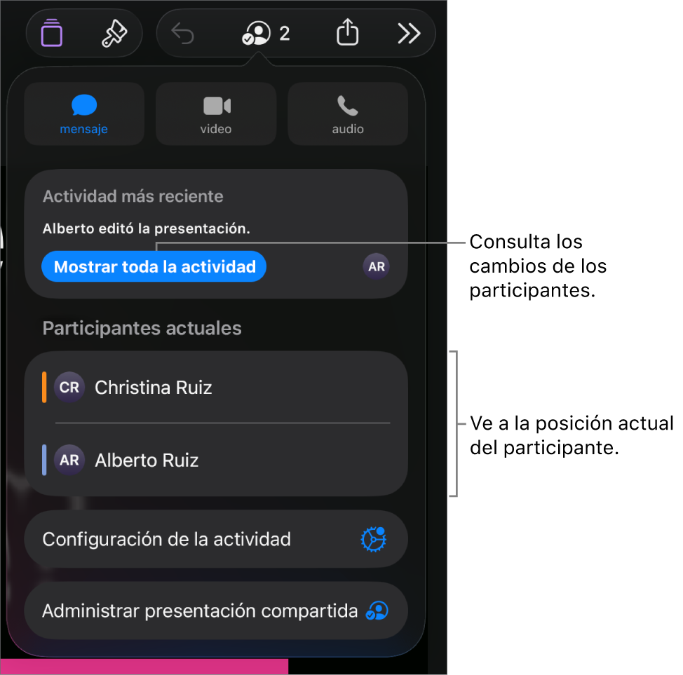 El menú de colaboración con los participantes actuales que aparecen ahí.