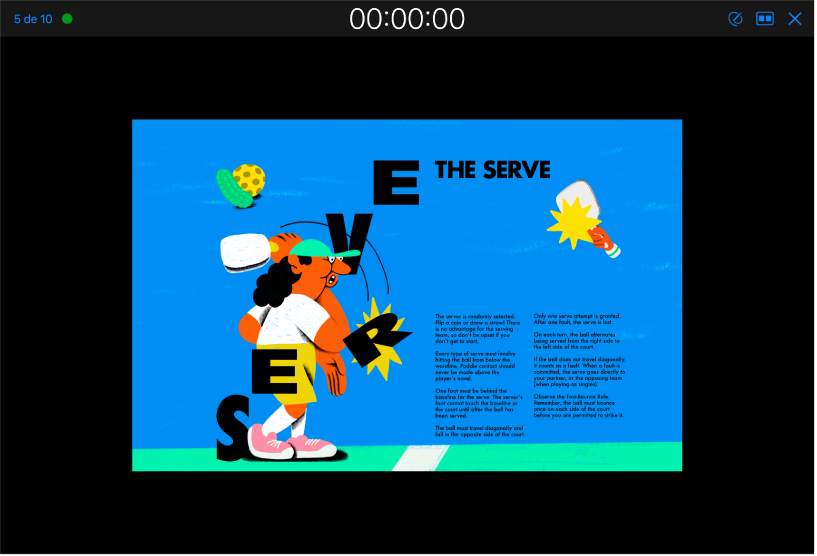 La app Keynote mostrando la vista del presentador. La diapositiva actual aparece en el centro de la pantalla. Aparece una barra de herramientas en la parte superior de la pantalla con el contador de diapositivas a la izquierda, el temporizador de presentación en el centro y los botones Dibujar, Disposición y Salida a la derecha.