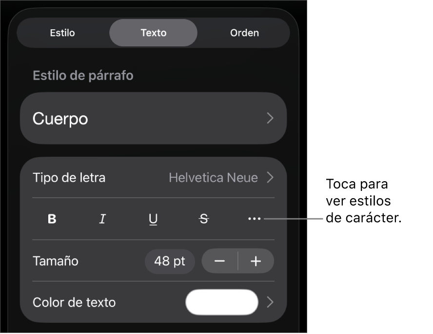Los controles de formato con los estilos de párrafo en la parte superior, seguidos de los controles para Tipo de letra. Debajo de Tipo de letra aparecen los botones Negrita, Cursiva, Subrayado, Tachado y Más opciones de texto.