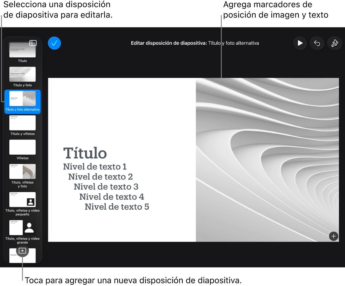 Una disposición de diapositiva en el lienzo de diapositivas con el botón Agregar disposición de diapositiva en la parte inferior del navegador de diapositivas.