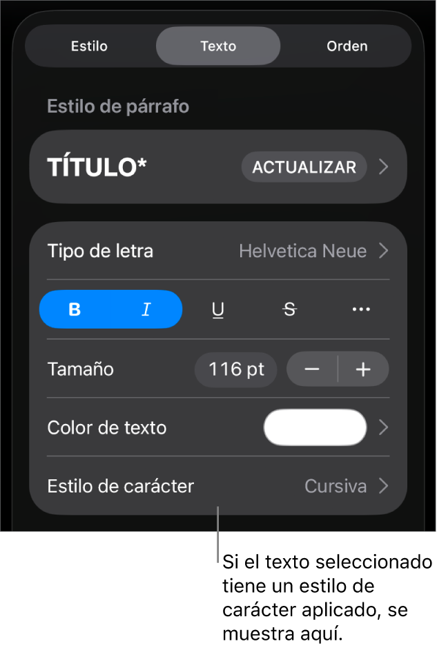 Los controles de formato de texto con Estilo de carácter debajo de los controles de color. El estilo de carácter Ninguno aparece con un asterisco.